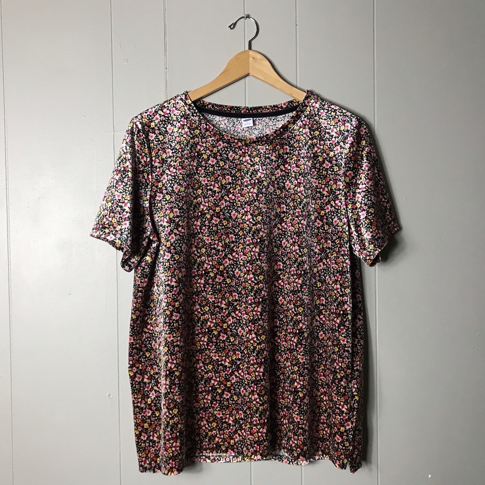OLD NAVY VELVET BLACK FLORAL PATTERN TEE SHIRT STRETCH WOMENS SIZE LARGE